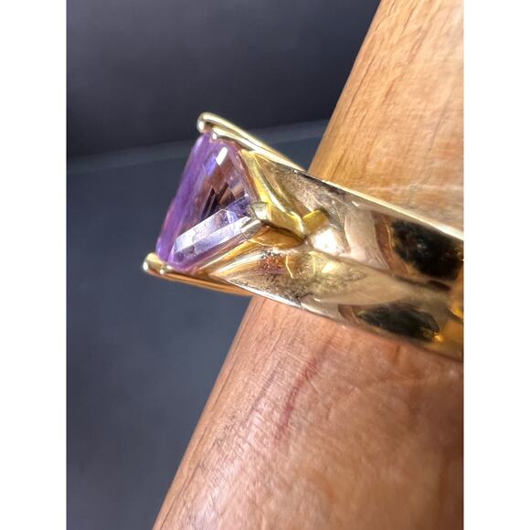 Vintage Ross-Simons 14K Yellow Gold Trillion Cut Amethyst 3 Stone Ring Size 7 - Picture 6 of 16